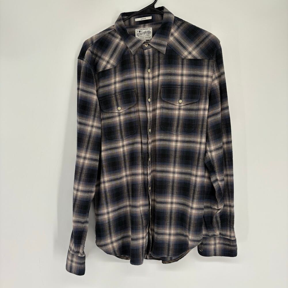Lucky Brand Men’s Blue & Gray Pearl Snap Button Down Western Short Size M‎